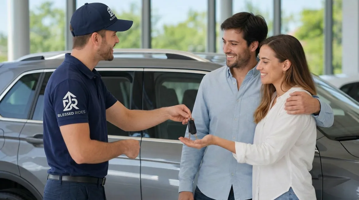 Family receiving keys to their newly financed car